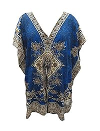 Mogul Women's Kaftan Short Caftan Blue Cover up Dashiki Print Beach Dress