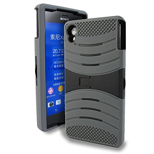 Sony Xperia Z3v (Verizon) Case, Kaleidio [Exo Stretch] Dual Layer Hard Shell / Gel Skin Hybrid Cover w/ Kickstand [Includes a Overbrawn Prying Tool & Stylux Stylus] [Grey/Black]