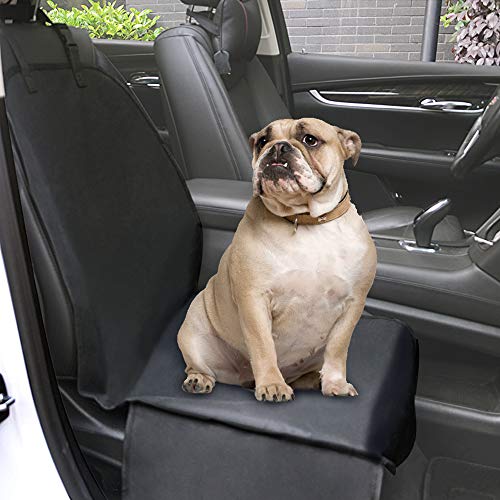 Wellbro Dog Car Front Seat Cover, Waterproof and Nonslip Pet Car Seat Protector with Elastic Straps, Side Flap and Anchor, Scratchproof Seat Mats for Cars, Trucks, Vans, and SUVs (Black)