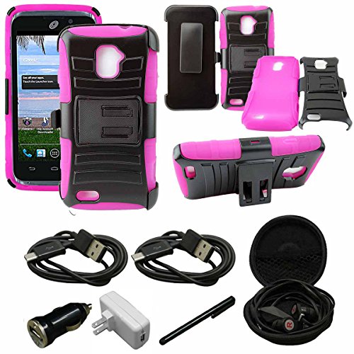 Mstechcorp - [Heavy Drop Protection] For ZTE Rapido 4G LTE Z932 (Straight Talk), Belt Clip Holster Attached Protective Case - Includes [Hands Free Earphone With Carrying Case] + [Touch Screen Stylus] + [Car Charger 2 Data Cable] (HOLSTER PINK)