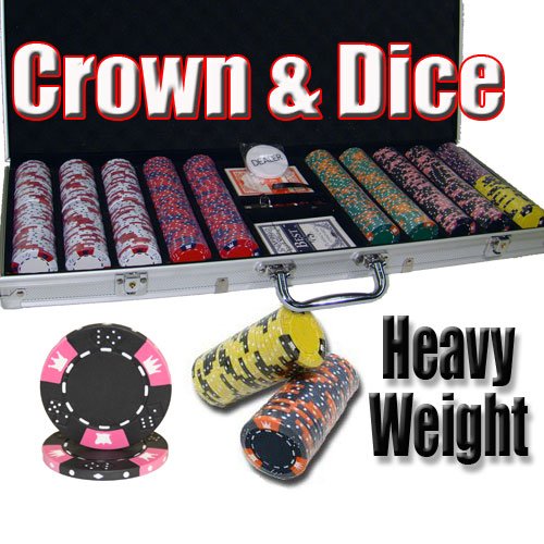 500 Count Crown & Dice Poker Set - 14 Gram Clay Composite Chips with Aluminum Case, Playing Cards, & Dealer Button for Texas Hold’em, Blackjack, & Casino Games by Brybelly