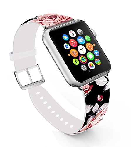 For Apple Watch Band 38mm, Replacement Band Leather Iwatch Strap With Silver Metal Clasp For for Iwatch Series 3/Series 2/Series 1/Edition/Sport - Black Background Red Big Flowers Theme - Thumbnail 7
