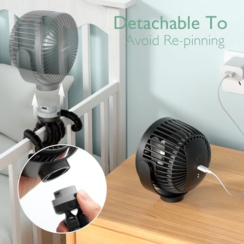 Momcozy Portable Stroller Fan, 8000mAh, 27H Ultra-long Usage Time, Detachable 4 Speed 360°Rotate, LED Night Light with 2 Modes, USB Handheld Cooling Fan for Travel, Car Seat, Bedroom