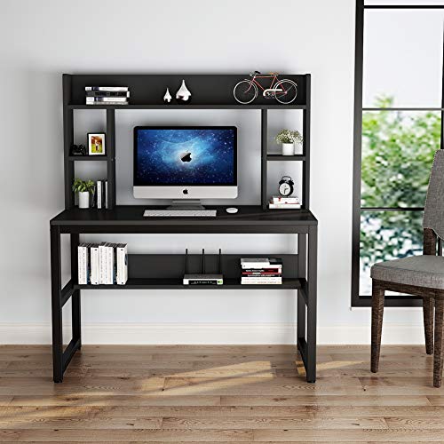 Tribesigns Computer Desk with Hutch, 47 Inches Modern Writing Desk with Storage Shelves, Compact Office Desk Study Table Workstation for Home Office, Black + Black Legs