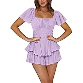 Rooscier Women's Jumpsuit Short Sleeve Ruffle Layer Square Neck Tie Mini Short Rompers