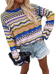 Crochet Tops for Women Striped Sweater See Through Sweater Long Sleeve Knit Pullover Jumper Tops