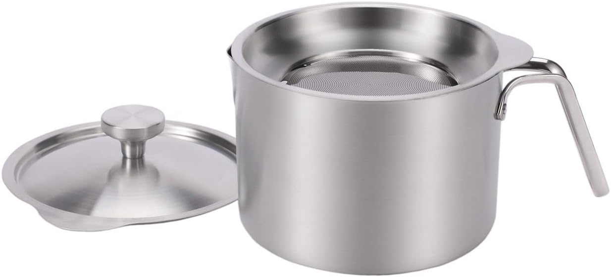 Sumerflos Bacon Grease Container with Fine Mesh Strainer - 2L/2.2Qt Stainless Steel Large Oil Storage Pot Grease Keeper with Dust-Proof Lid for Used Cooking Oil, Kitchen Cooking or Frying Oil