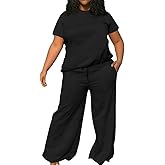 TOPSRANI Womens Plus Size Casual Sweatsuits Lounge Short Sleeve Tracksuit 2 Piece Outfits Baggy Wide Leg Long Pants Sets