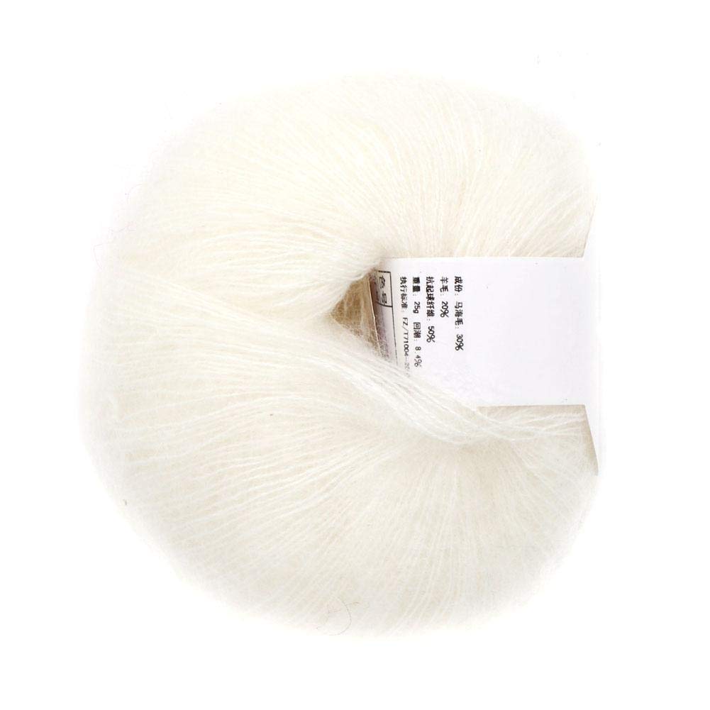 Soft Mohair Cashmere Wool Knitting Yarn Lightweight Hand Knitwear Yarn DIY Shawl Scarf Crochet Thread with A Crochet for Sewing Accessories(White)