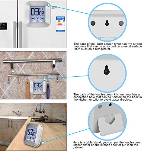XREXS Touchscreen Digital Kitchen Timer Smart Large LCD Display Backlit Cooking Timer with Big Digits, Loud Alarm Clock, Count Down Up Timer, Magnetic and Back Stand (2 AAA Batteries Included) - Thumbnail 3