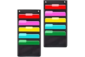 JiatuA Storage Pocket Chart, 5 Pockets Hanging Wall File Organizer with 4 Hooks, Hanging Pocket Chart - Hanging Storage Organizer for School, Home or Office Wall Pocket Chart, Black, 2 Pack