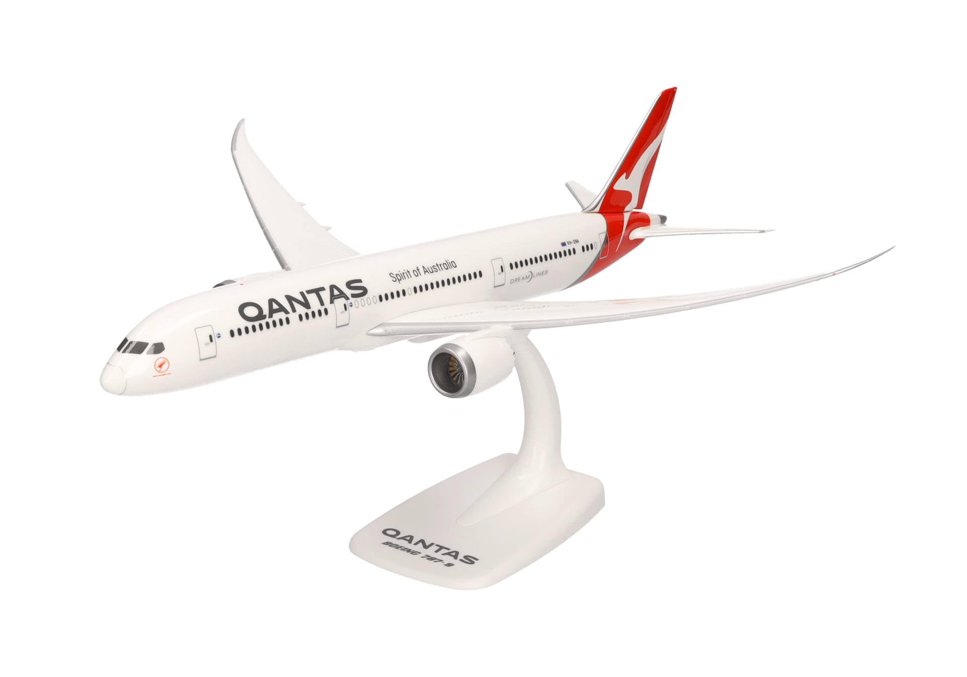 Herpa Snap-Fit airplane model Qantas Boeing 787-9 Dreamliner VH-ZNA on scale of 1:200, plastic miniature with pedastal, model building, collectors edition