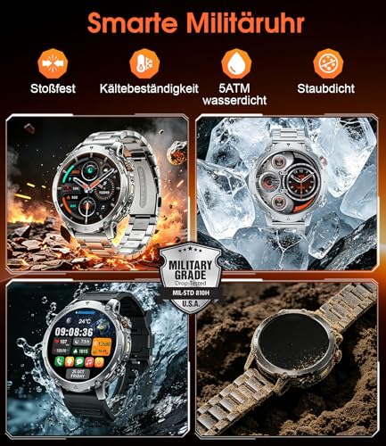 1400 mAh Battery Smartwatch Men, 1.7 HD Military Smart Watch with Phone Function, 110+ Sports Modes, IP68 Fitness Watch, Heart Rate/Sleep Monitor, LED Torch, Sports Watch for Android iOS, Grey Black
