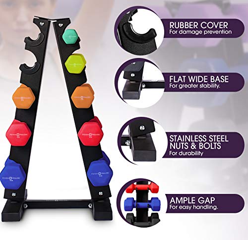 Fitness Republic Solid Steel Dumbbell Rack Holder, A-Frame Dumbbell Storage Racks, Free weights stand for home gym exercise, Neoprene Dumbbells Pairs (3lb, 5lb, 8lb, 10lb, 12lb) with 5 Tier Rack Combo
