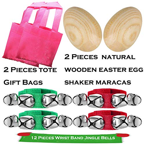 NimJoy Natural Wood Egg Shakers Jingle Bell Bracelets Rattles Percussion Musical Toys Set for Classroom Music, Playing, DIY Painting, Easter Egg Hunt & Basket Fillers, Bonus Gift Bags, 8PCS