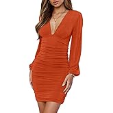 IHOT Women's Sexy Deep V Neck Long Lantern Sleeve Ruched Bodycon Cocktail Party Club Mini Dress