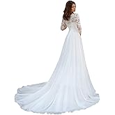 XNBYYM A Line Long Sleeves Chiffon Wedding Dresses for Bride, Lace Appliques Bridal Dresses with Train for Women