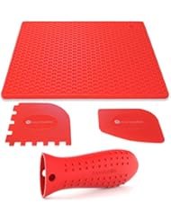 Sunsella Silicone Cast Iron Potholder Set - Hot Handle Holder with 2 x Pan Scrapers & Silicone Hot Pad
