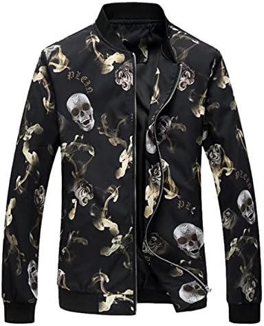 EMAOR Mens Fashion Floral Baseball Bomber Jackets Coat With Skull Printed