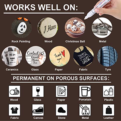 White Paint Pen Metallic Permanent Painting Markers for Fabric Glass Plastic Rock Wood Ceramic Leather Tire Painting,Medium Tip Fast Drying, Water Resistant Ink(6 Pack)