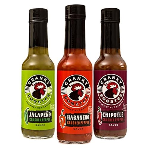 Cranky Rooster Gourmet, MEDIUM Hot Sauce Food Gift Set Ideas : Jalapeno, Chipotle, Habanero Crushed Chili Pepper Sauce Unique Foodie Gift Grocery & Gourmet Food, Sauces, Gravies & Marinades, Hot Sauce