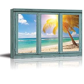 A Lone Palm Tree Angles Towards The Sun on a White Sand Beach on a Tropical Location - Canvas Art Home Art - 24x36 inches