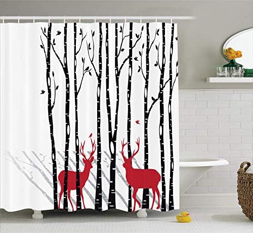 lovedomi Sika Deer Shower Curtain Deer Tree Forest with red Holiday Theme Flying Leaf Branch Reindeer Pattern Cloth Shower Curtain Bathroom Decoration Polyester Waterproof 180180cm