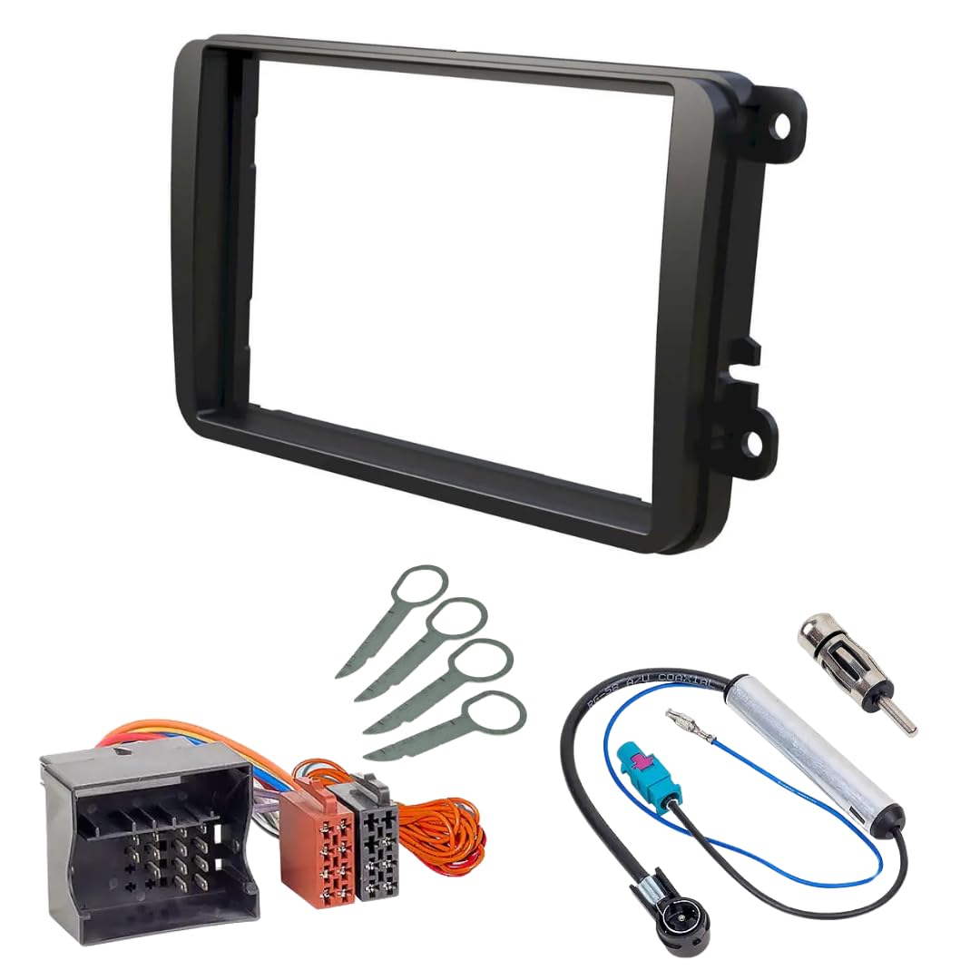 Audioproject A110 Radio Fascia Set 2-DIN Compatible for VW Golf 5 6 Polo 6R Passat Touran Caddy T5 Skoda Seat Car Radio Fascia Double DIN Radio Adapter Quadlock Antenna Adapter Release