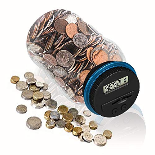 Honey Do All Digital Money Bank Large LCD Money Jar Battery Operated Coin Bank US Dollar Coins Savings Box for Office Home Kids Children Adults (Auto Counting) (Black/Blue)