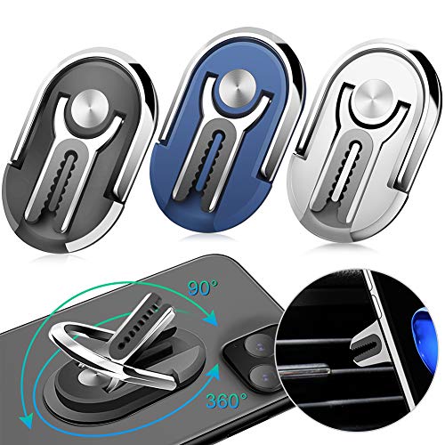 3 Pack Cell Phone Ring Holder Stand, Sanp 3 in 1 Universal Air Vent Car Phone Mount and Finger Grip Ring Kickstand, 360°Rotation & 90°Flip (Black&Sliver&Blue)