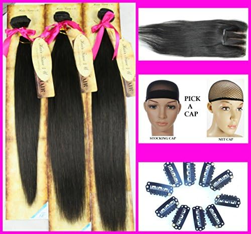 All-in-One SuperValue: Top Closure + Three Bundles Silky Straight (18", 20", 22") + Wig Caps &amp; Clips Brazilian Hair Bundles Virgin Remy Human Hair Weaves Natural Color