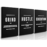 GUBIYU Black Hustle Grind Execution Wall Art Set of 3 Framed Canvas Office Inspirational Motiviational Wall Decor Art Positive Quotes Posters Living Room Pictures Walls Decor for Mens Guys 12"x16"