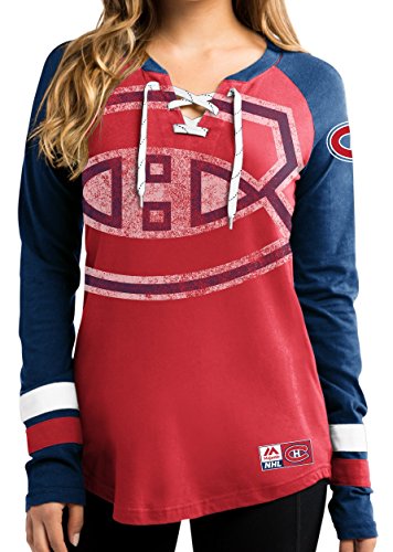 VF LSG NHL Montreal Canadiens Women's Hip Check Long Sleeve Lace-Up Tee, Medium, Red/Navy/White