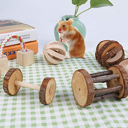 AriTan 7 Pcs Hamster Chew Natural Wooden Toys, Teeth Care for Small Animals Guinea Pig Rats Chinchillas Bunny Rabbits Bird Toys Accessories, Dumbells Exercise Bell Unicycle - Thumbnail 5