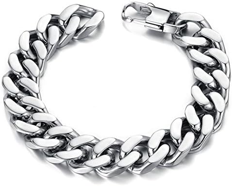 Heyrock Silver Color Curb Cuban Link Stainless Steel Bracelets for Men 22.5CM