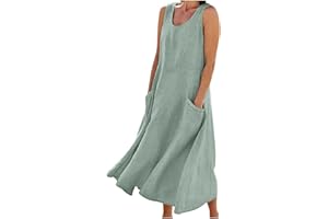 BEESSBEST Women Casual Summer Dresses, Cotton Linen Crewneck Sleeveless Long Sundress Oversized Beach Maxi Dress with Pockets