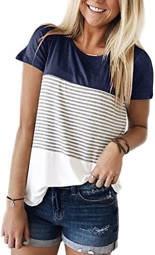 Lifenee1 Women's Color Block Blouse Short Sleeve Casual Tee Shirts Tunic Tops Blue L