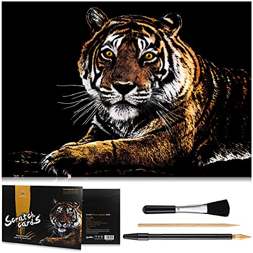 NAIHEY Scratch Art Rainbow Painting Paper, DIY Crafts Womens Hobbies Engraving Art Scratchboard Scratch Painting Sketch Pads Birthday Gift for Adults - 16” x 11.2” Tiger Animal