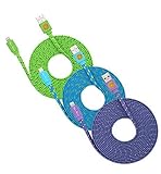 3 Pack 10ft Durable Hi-Speed Braided Flat Noodle Lightning USB SYNC Cable Charger Cord for iPhone 6, 6 Plus, 5, 5C, 5S, iPad 4, iPad Mini, Ipad Air, Air 2, iPod Touch 5th Gen, Nano 7th Gen, Support Latest IOS, 8-pin to USB - (green, blue, purple)