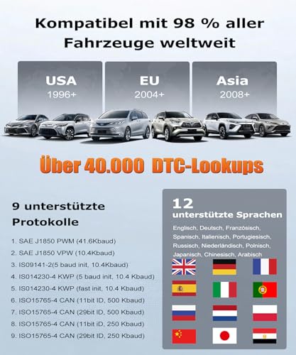 OBD2 Diagnostic Device OBD Car Adapter: EOBD Car Scanner Engine Diagnostic Error Reader Reader with OBDII Functions – German Car Reader for All Vehicles Ford BMW VW Mercedes Audi