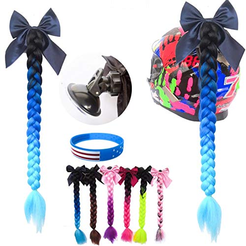 haihong Helmet Hair Helmet Pigtails Gradient Ramp Helmet Braids Ponytail with Suction Cup with Bowknot for Motorcycle Bike 1PCS 24inch-Ombre Black to Blue + Free Bracelet - Thumbnail 7