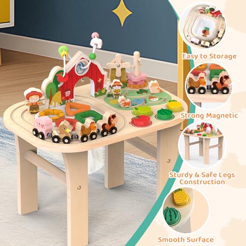 Weilim Montessori Wooden Activity Table, 1 Year Old Baby Toy with Bead Maze and Animal Shape Sorter and Train, Sensory Table, Educational Toy for Children from 12 Months