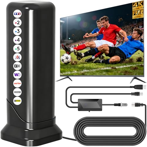2026 Antenne TV Intérieure Puissante, 460+KM Antenne TV Intérieur avec Amplificateur à Haut Gain, Réception 360°, Fixation Magnétique, Compatible with TV Intelligentes et Anciennes 4K/1080P