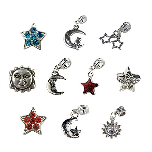Set of 10 Celestial Sun, Moon and Star Charms and Beads Includes Rhinestone Star Beads in Turquoise, Red and Clear; Cat on the Moon, Double Star, Sun, Moon, Star, Moon and Star