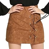 DUBACH Women's High Waist Faux Suede Khaki A-Line Skirt(Khaki,M)