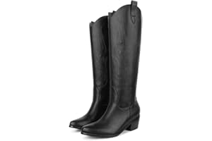 AMINUGAL Women's Western Knee High Cowgirl Boots, Black, Pull-On, Chunky Heel, Embroidered, Metallic Fabric, Leather Sole, 13.77 inches, US Women's Size