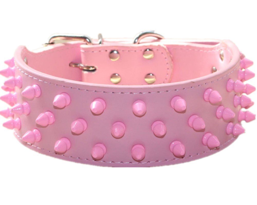 haoyueer 2 inch Wide Leather Dog Collars Cool Pink Spiked Studded Pet Dog Collar for Medium Large Dogs Pit Bull Mastiff Bully Boxer (S, Pink)