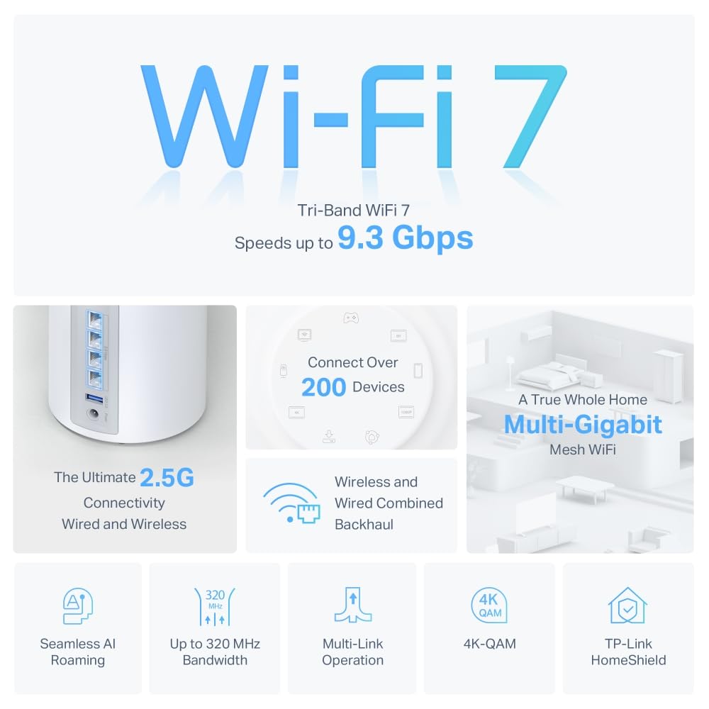 TP-Link Deco BE65(3-pack) BE9300Mbps Tri-Band Whole Home Mesh WiFi 7 System, 2.5G Port, Speeds up to 9214 Mbps, AI-Driven WiFi Booster, Connect Over 200 Devices, Ideal for Gaming&4K, Easy Setup