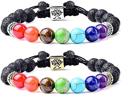 WRCXSTONE Tree of Life Bracelet Distance Bracelet for Couple 7 Chakra Healing Stone Bracelet Black Lava Natural Stone Bracelet 2 Pack Adjustable Jewelry