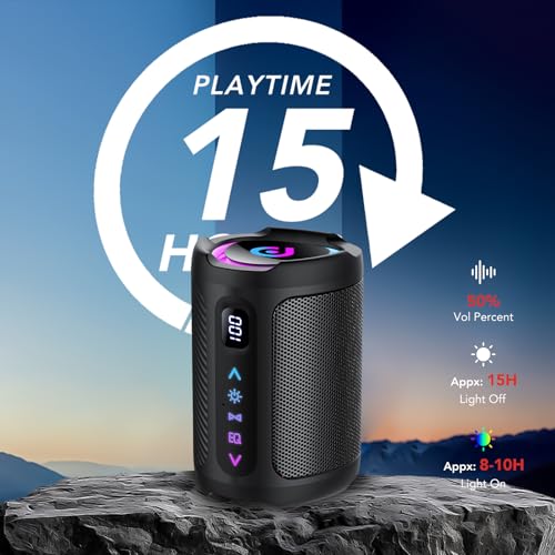 aowoka Portable Wireless Bluetooth Speaker with LED Light, Smart Digital Screen+Smart EQ, Bluetooth 5.4, Powerful Bass, IPX7 Waterproof, Speaker for Travel/Sport/Party/Bike